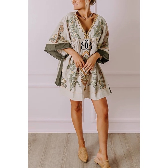 Beige & Green Boho Embroidered V Neck 3/4 Sleeve Babydoll Mini Dress - Picture 7 of 16